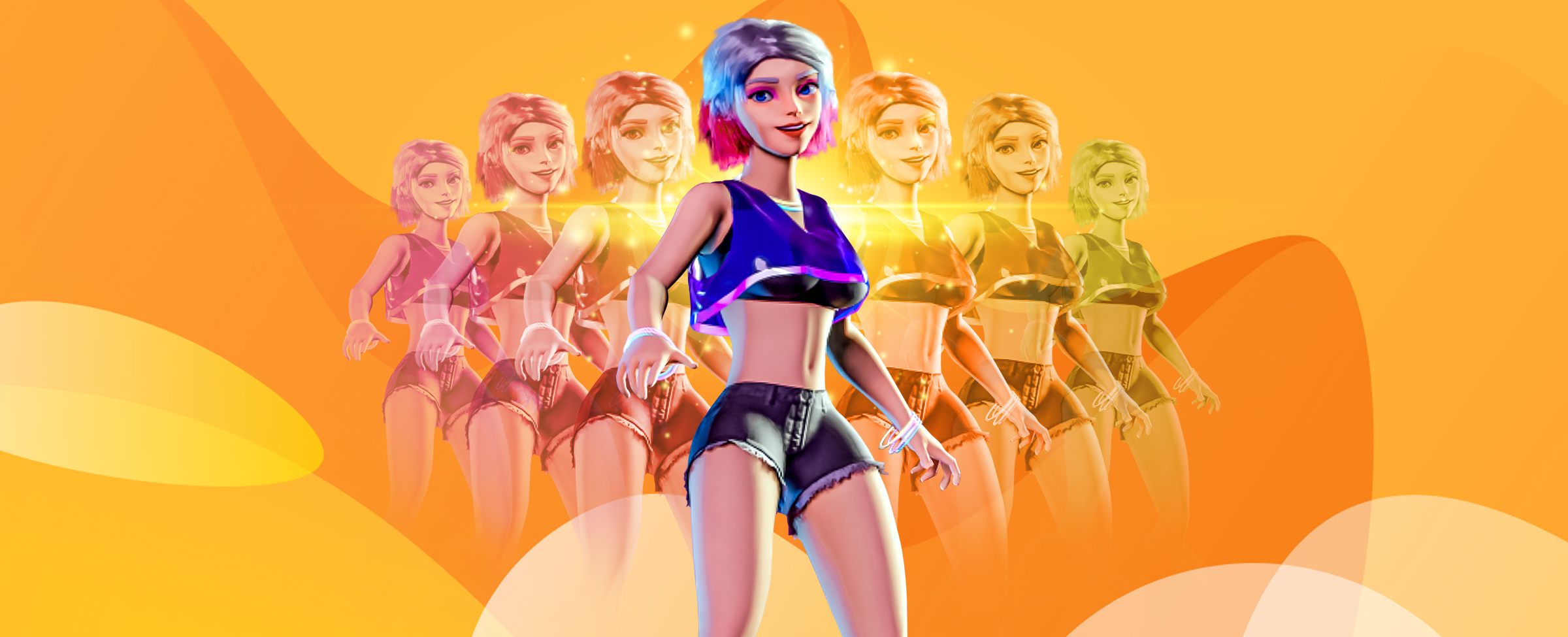 A 3D-illustrated character of a young female girl in rave costume from the SlotsLV game Raving Wildz stands in front of the image with six other carbon copies of her body triangulating out from behind her in holograph form
