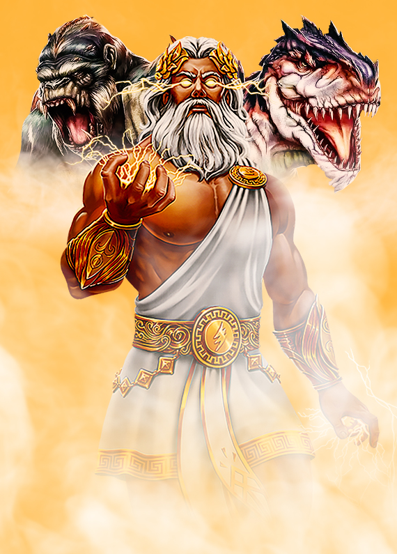 A cartoon character of the God Zeus flanked by Godzilla and and King Kong from popular slot games at SlotsLV
