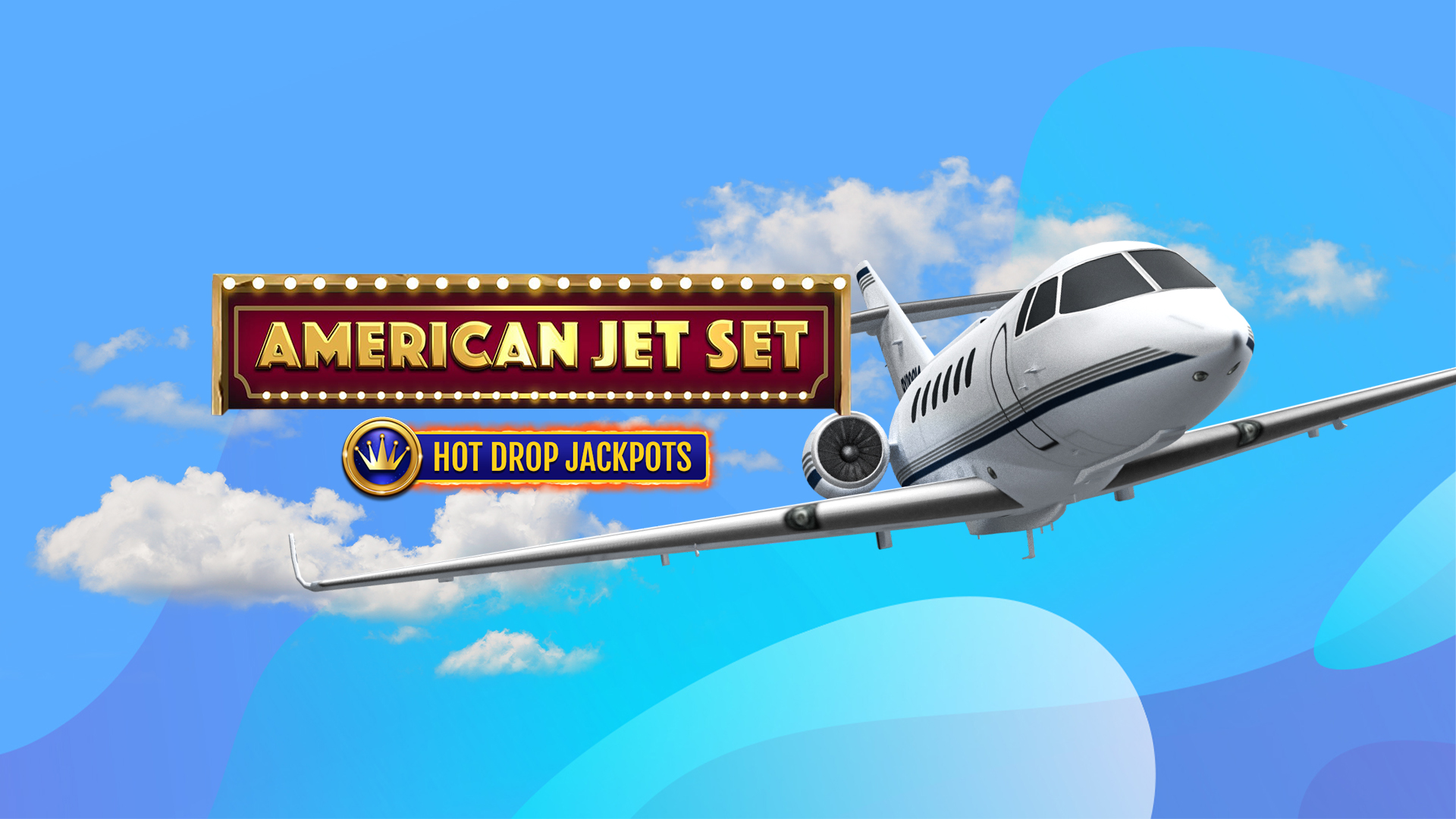 A 3D-animated small jet airplane is pictured flying in front of clouds against a blue background, while the logo from SlotsLV’s slot game called American Jet Set hangs overhead, with a smaller logo below featuring a golden crown, and the words “Hot Drop Jackpots”.