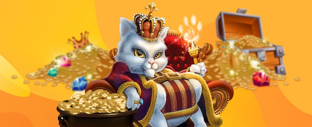 A cartoon character of a cat sitting on a red and gold throne, wearing a crown and red gown, resting one hand on a large pot of gold coins, and the other holding up a staff. In the background is a treasure chest filled with gold, and a gigantic pile of gold coins and gems.