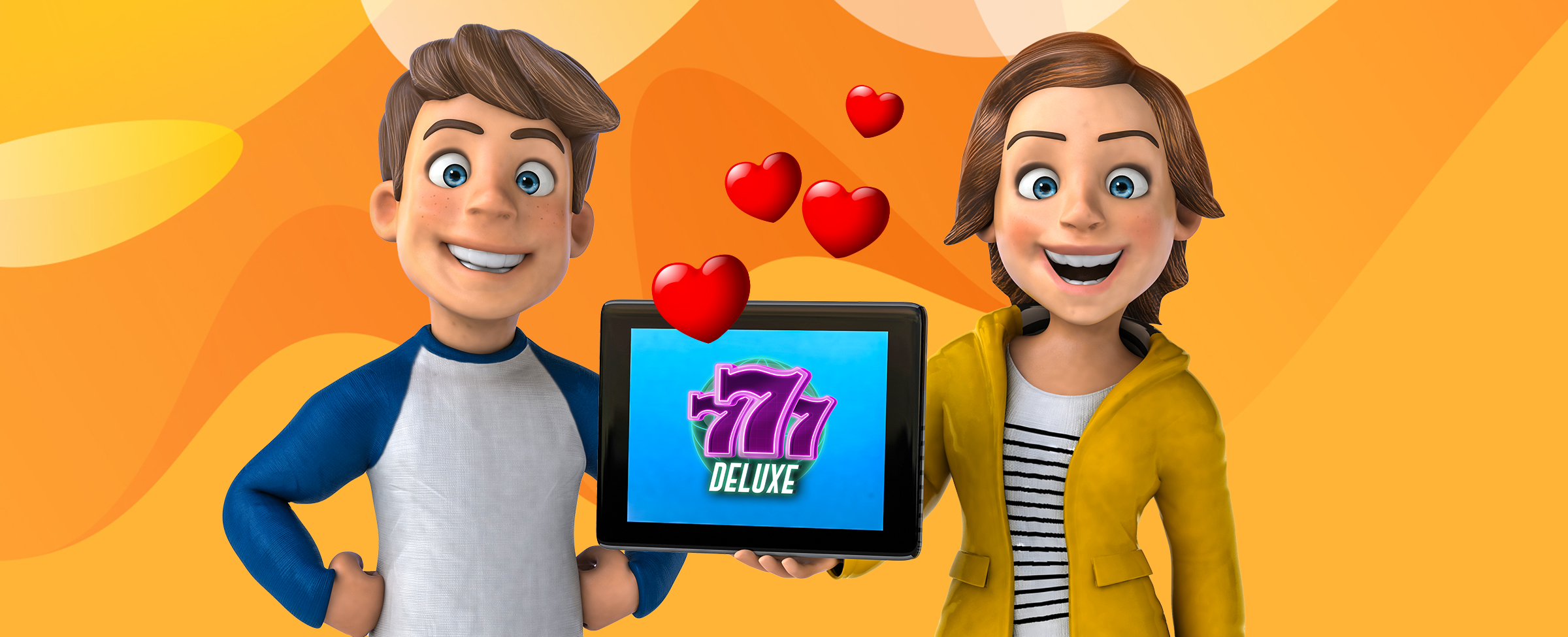 A man and a woman 3D-animated couple stand either side of an iPad they’re holding up, showing the slot logo of 777 Deluxe from SlotsLV, with love hearts bubbling up in the middle of the image.