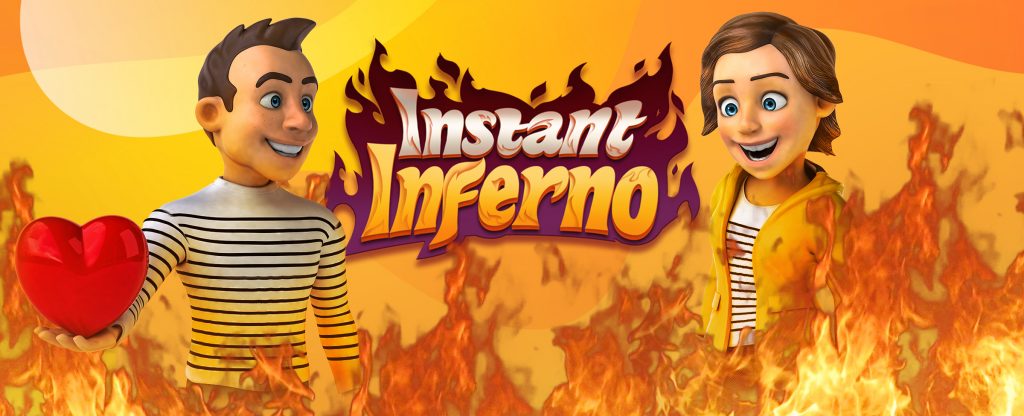 A man and a woman 3D-animated couple stand either side of the Instant Inferno slots game at SlotsLV, while the man holds a large love heart in his right hand. In front of them, are flames from an inferno.