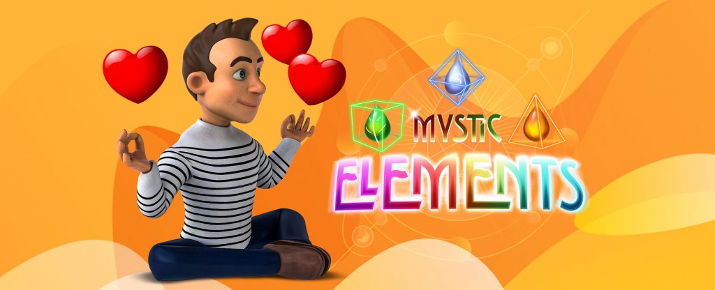 A 3D-character of a man in a striped shirt, sits on the floor in a yoga pose with love hearts floating around him. To his right, is the SlotsLV slot game logo from Mystic Elements.