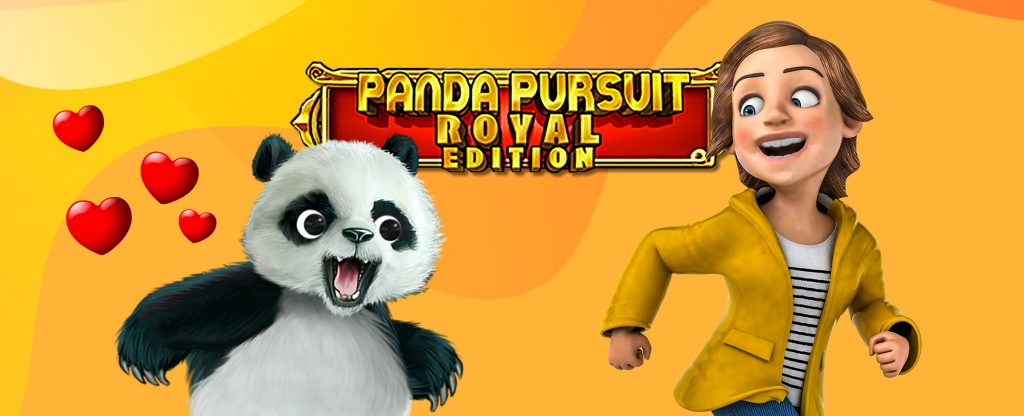 The central animated character from the SlotsLV slot game, Panda Pursuit Royal Edition, is featured on the left of the image with love hearts around him, seemingly chasing a 3D-animated woman in a yellow jacket and striped shirt. Above them, is the logo from the same slot game.