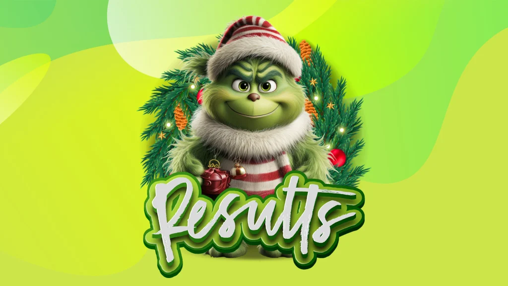 Cartoon grinch in front of a Christmas wreath with the word ‘Results’ overlaid against a green background.