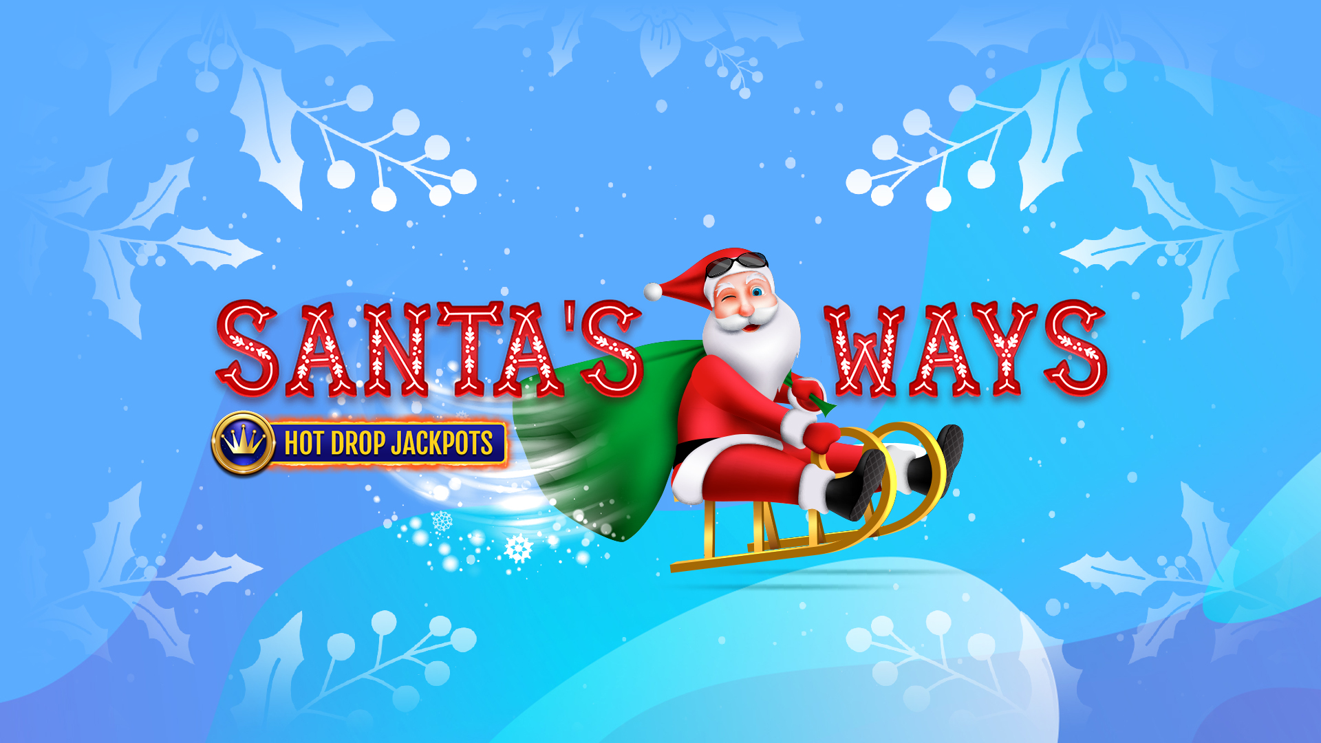 Santa Claus is on a golden sleigh flying through the sky, wearing a green cape and red hat with sunglasses pulled up, winking, while the SlotsLV slot game logo from “Santa’s Ways” surrounds him.