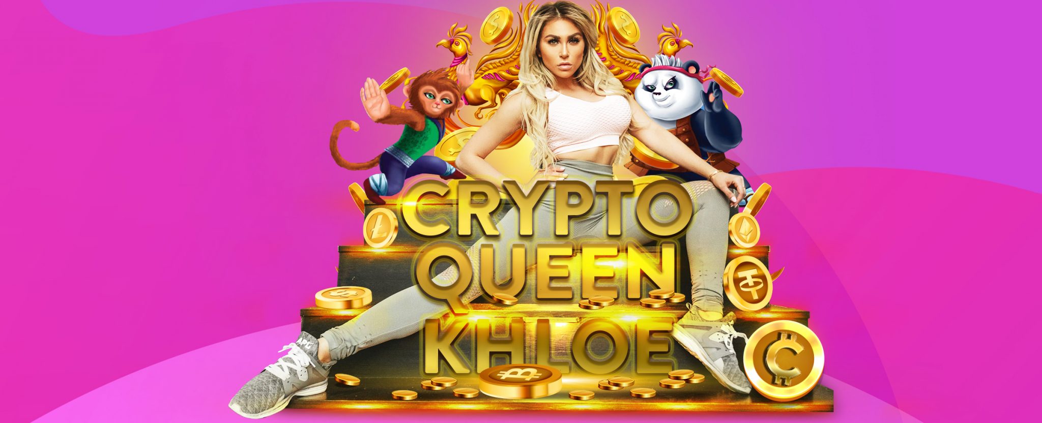 Crypto Queen Khloe Terae sits on a set of golden steps covered in crypto casino coins, as well as the panda and monkey characters from Fortune Keepers online slot at SlotsLV
