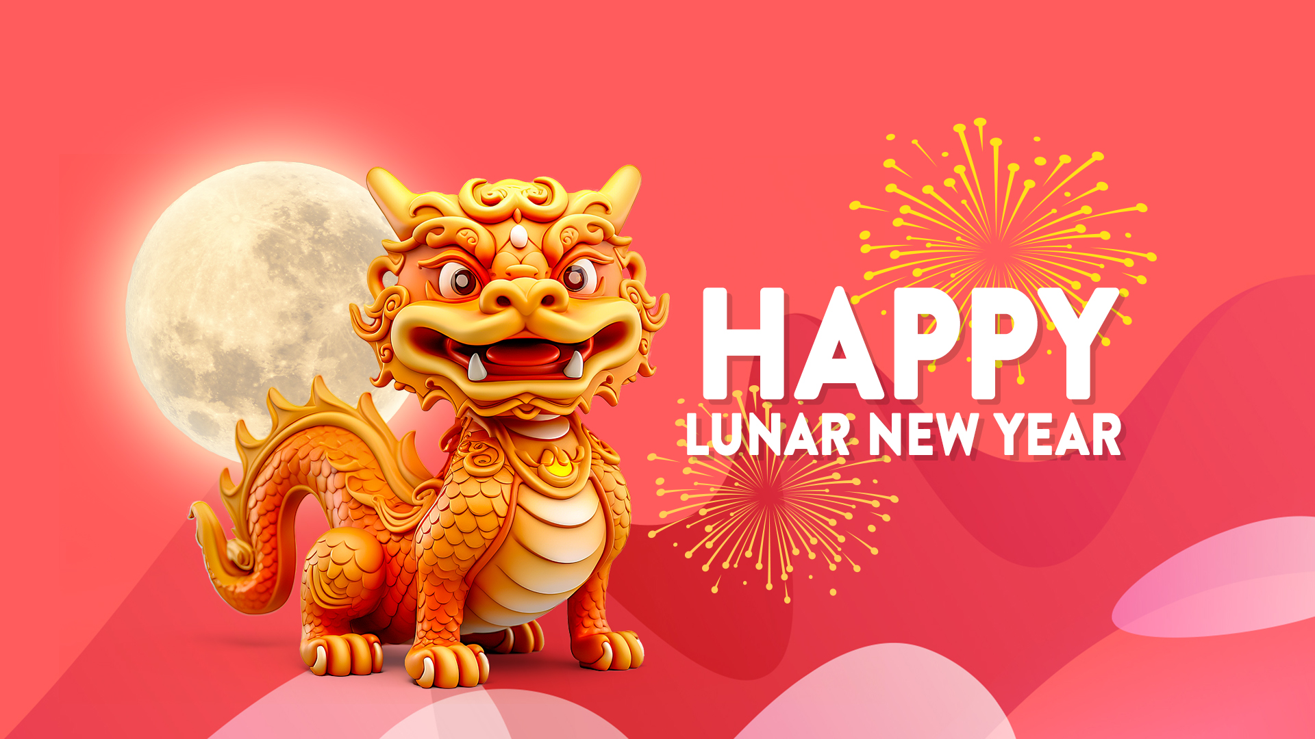Traditional Chinese dragon is centered, with the wording ‘Happy Lunar New Year’. The moon and exploding fireworks also feature in the distance.