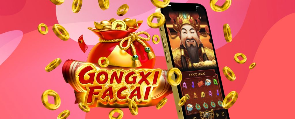 The logo from the SlotsLV slot game, Gongxi Facai, is pictured in front of a red sack of gold coins that are also spilling out into the image, while to the right, a mobile phone shows a screen from the same slot game.