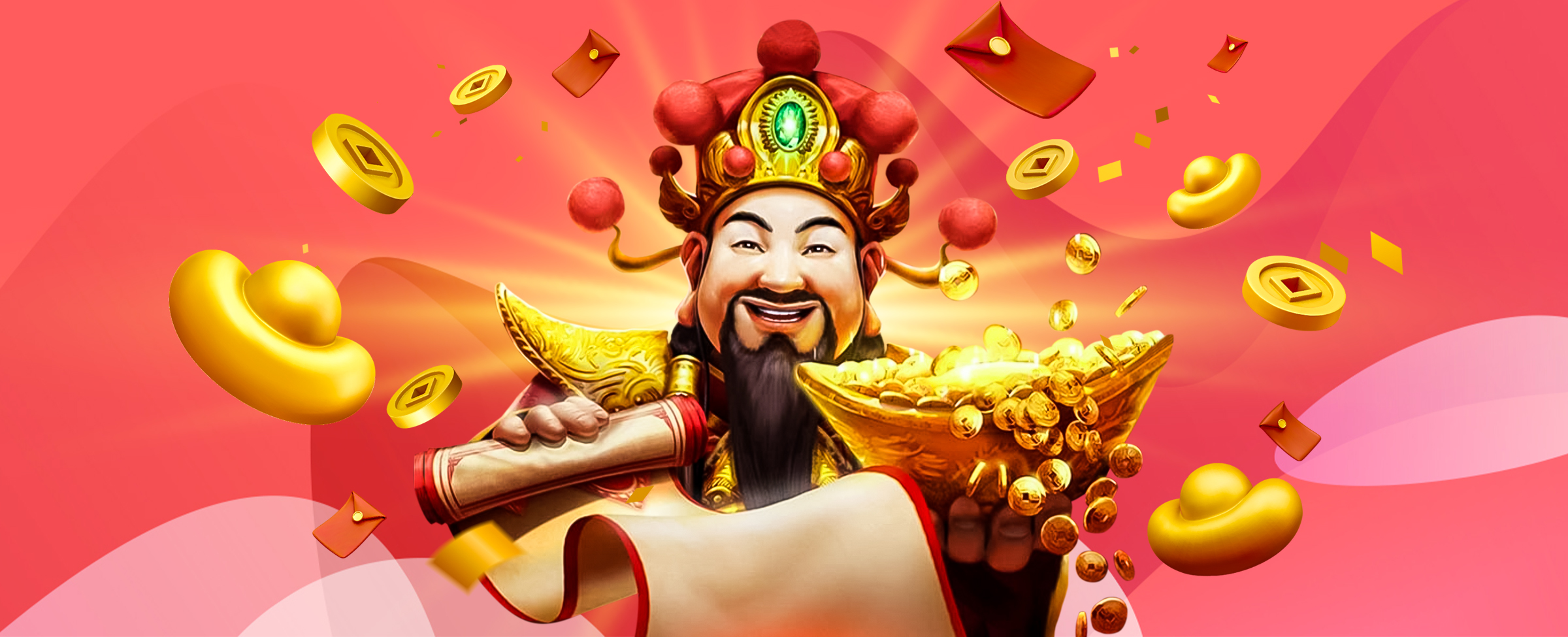 The central 3D-animated character from the SlotsLV slot game Gongxi Facai is pictured, holding a scroll in one hand, and a bowl of gold in the other. Surrounding him are flying coins, red envelopes and other artifacts.