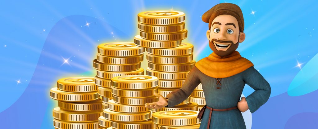 A 3D-character of a man wearing medieval clothing and a hat, smiling, stands in front of an oversized stack of gold coins.