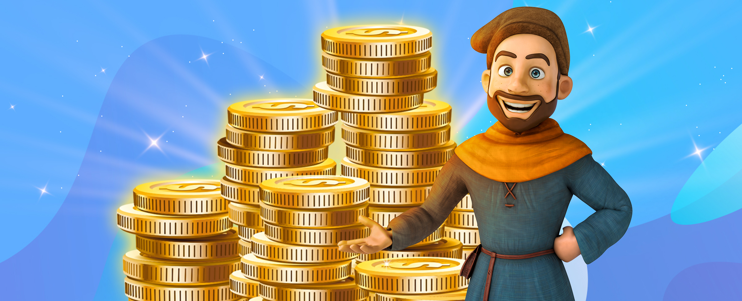 A 3D-character of a man wearing medieval clothing and a hat, smiling, stands in front of an oversized stack of gold coins.