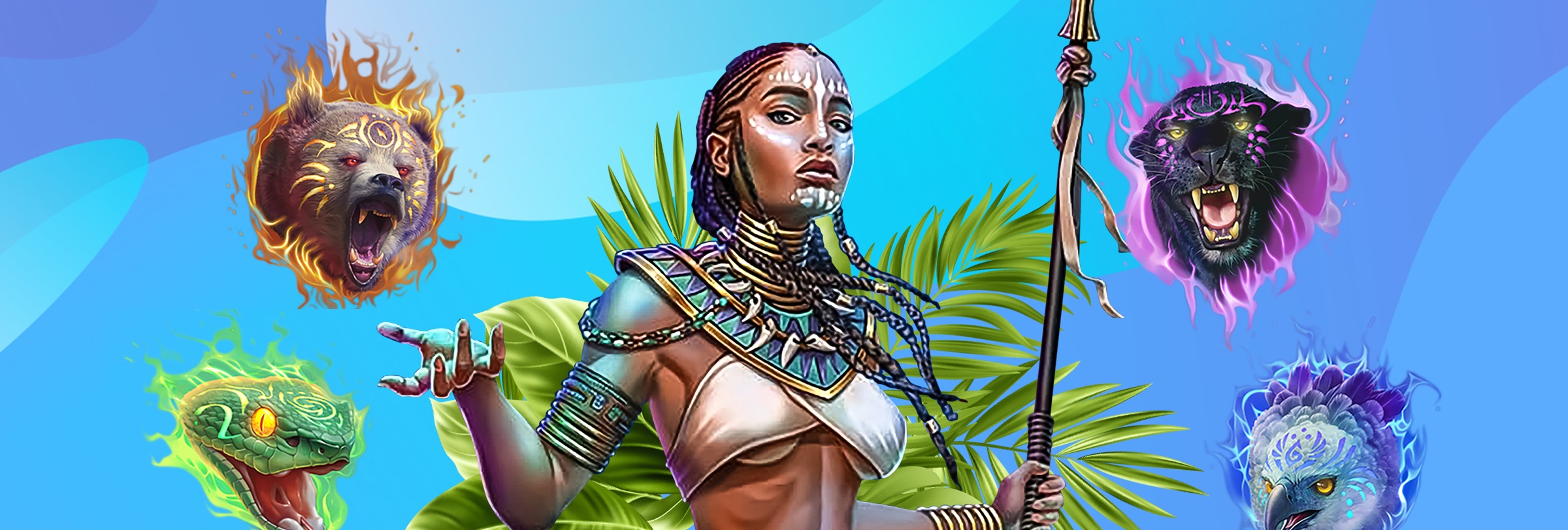 A 3D-animated woman wearing tribal warrior clothing and holding a spear, stands in front of large tropical leaves, surrounded by four animated animal heads that feature in the SlotsLV slot game Mystic Wilds include a lizard, bear, tiger and hawk.