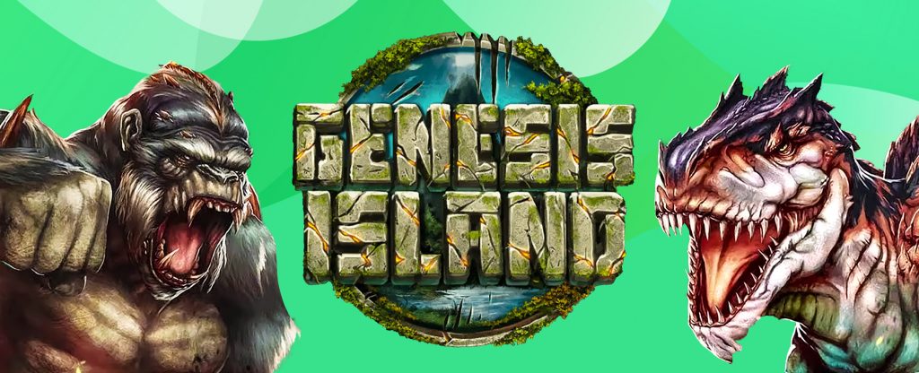 Two animated characters – a gorilla and a t-rex – from the SlotsLV slot game, Genesis Island, are pictured at either side of the image. In the middle, the logo from the same game is featured, depicting a dark green island with the words Genesis Island written out of rock.