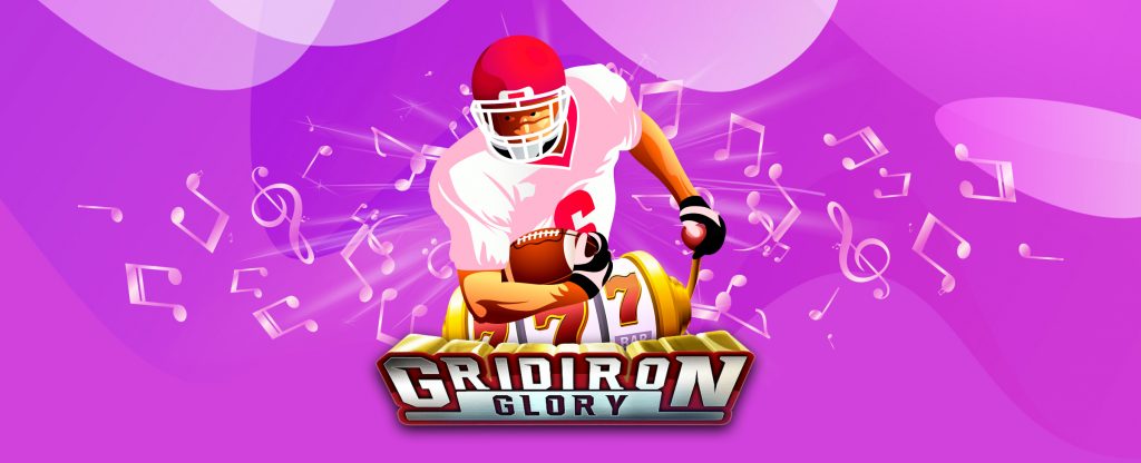 The animated logo from the SlotsLV slot game, Gridiron Glory, is featured in the middle of the image, showing a gridiron player holding a football close to his body in one hand, and cranking the lever of an old-school poker machine in the other. In the background are an array of music notes and clefs, set against a purple background.