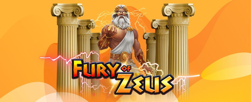 A 3D-animated character of Zeus, from the SlotsLV slot game, is seen in the center of the image from the waist up, flanked by ancient pillars, with electricity flowing from his eyes and hands. In the foreground read the words Fury of Zeus, surrounded by lightning.