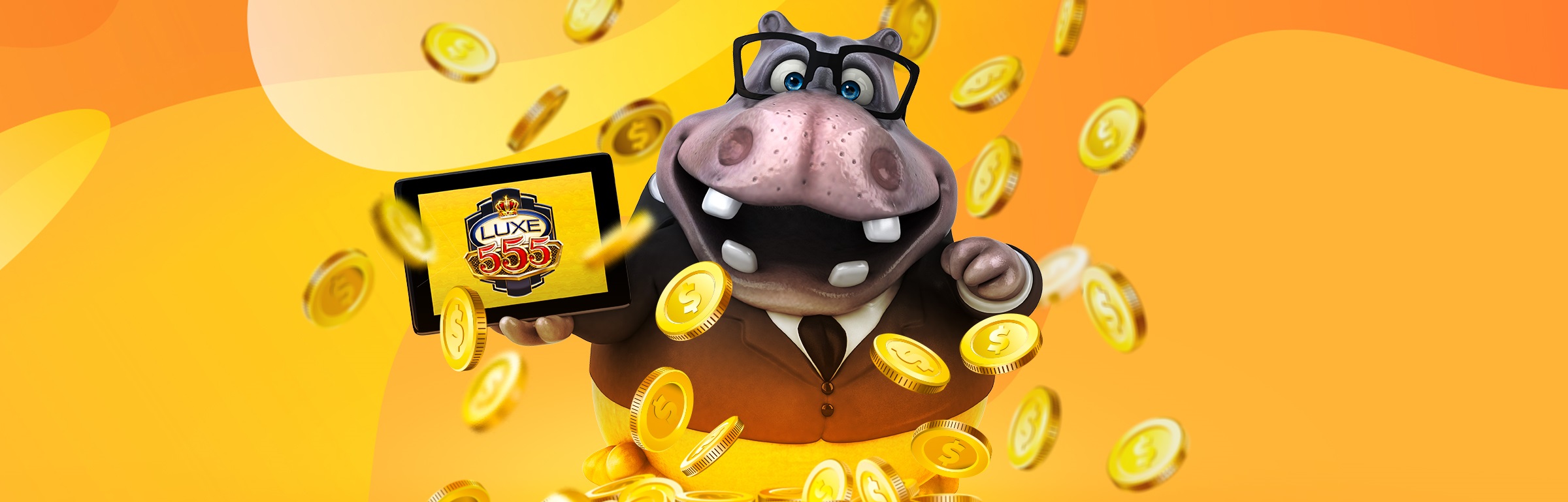 A 3D-animated hippopotamus wearing a suit and tie barrels towards the screen through a fog of gold coins. In his right hand, he holds up an iPad showing the logo for the SlotsLV slot game, Luxe 555.
