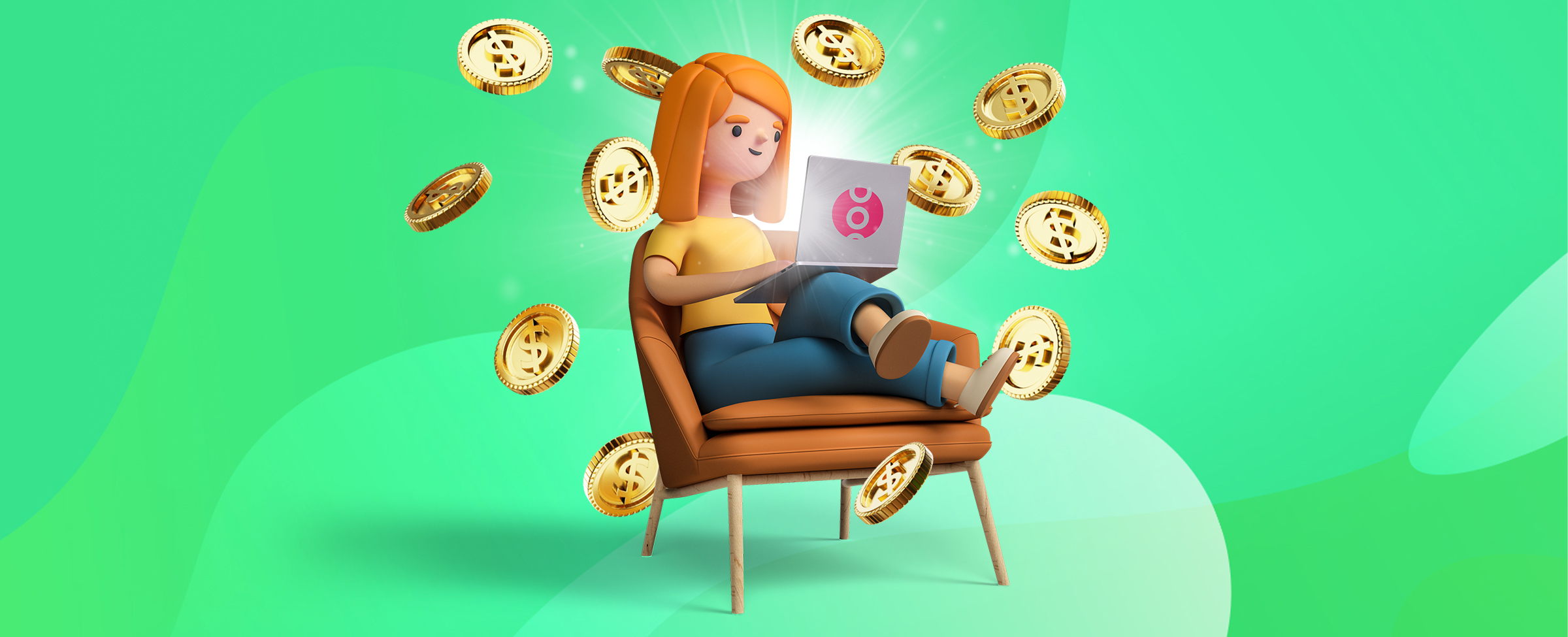 A 3D-animated claymation girl with orange hair, yellow sweater and blue jeans sits cross-legged on a brown chair in the middle of the image, against a green background. On her lap is an open laptop sporting a pink SlotsLV logo sticker on the lid. Hovering around the girl are oversized gold coins.