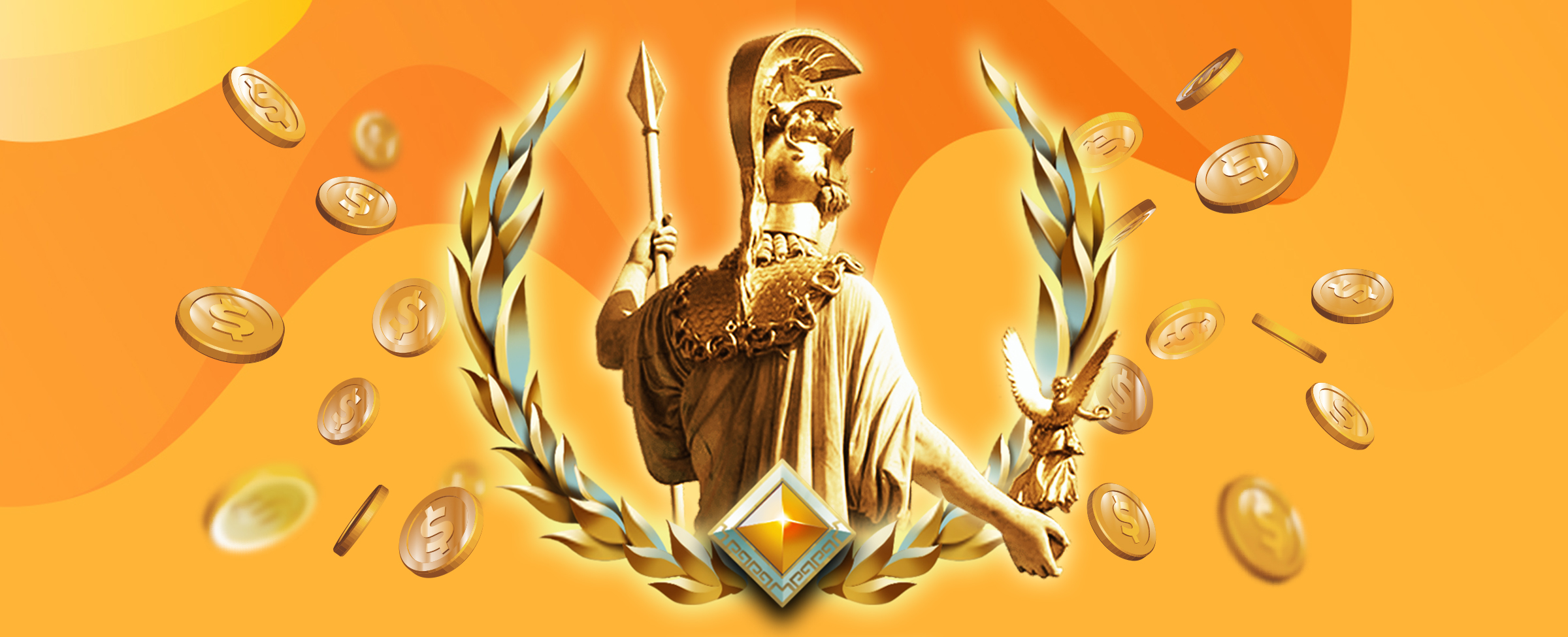 An illustrated statue of Athena, the Greek goddess, is pictured from the waist up, encased by two circular metal thorns joined in the middle by an amber jewel. Gold coins float across the screen to surround the statue.