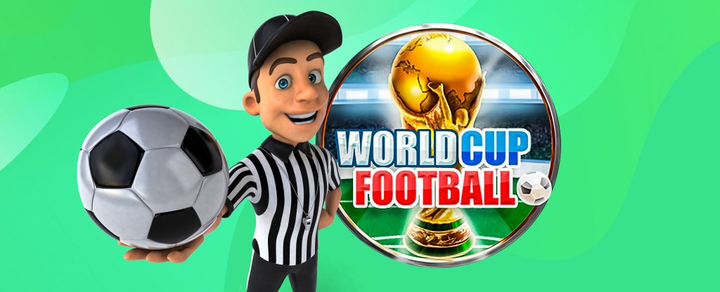 A 3D-animated man in a soccer referee uniform stands slightly off to the left of the screen with one hand on his hip, and the other stretched out holding a soccer ball. Featured to his right is the SlotsLV World Cup Football slot game logo, depicting a circle with a stadium inside overlaid with a gold trophy.