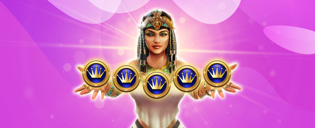 The 3D-animated Cleopatra character from the SlotsLV slots game, A Night With Cleo Hot Drop Jackpots, graces the screen in the center. Cleo wears a white blouse and braided hair with jewels and a head crown. Arms outstretched, five circular animated gold and blue jackpot symbols hover above her hands, each containing a gold crown.