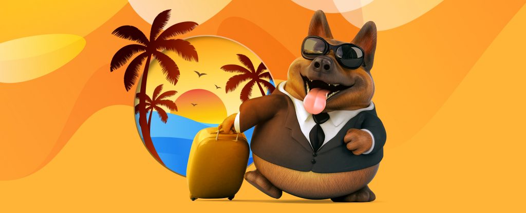 A 3D-animated dog wearing sunglasses and a suit, carries a suitcase behind him, with the setting sun, palm trees and the ocean in the background.