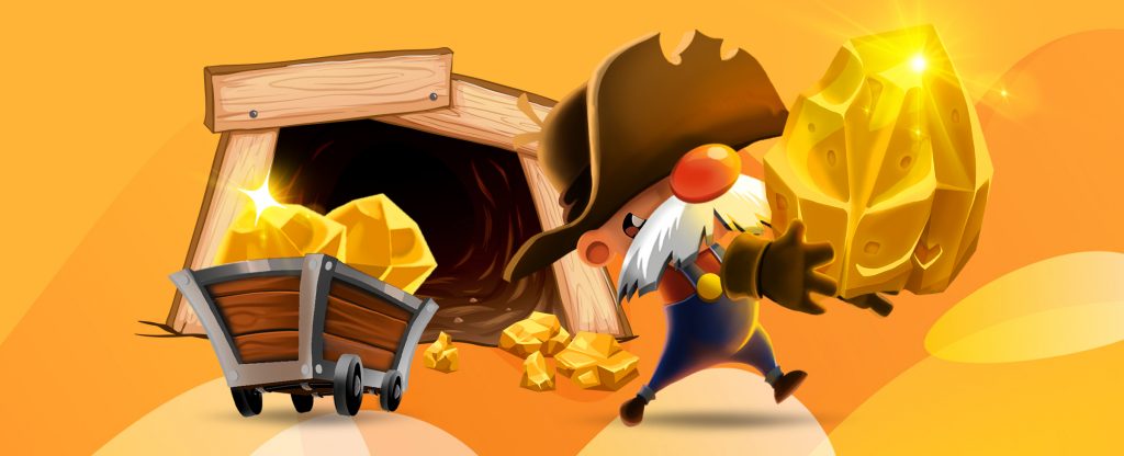 The main 3D-animated character from the SlotsLV slot game, Gold Rush Gus, is depicted as a gold miner, wearing an oversized brown hat, and holding out a giant glistening gold rock in front of him. Behind him is the opening of a gold mine and a minecart with huge gold rocks.
