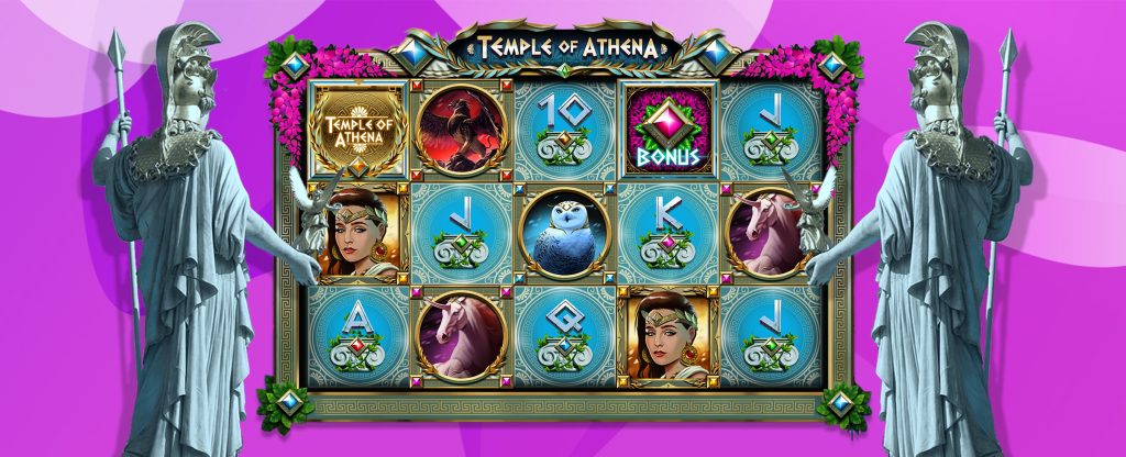 Two statues of Athena stand either side of a screenshot from the SlotsLV slot game, Temple of Athena Hot Drop Jackpots, featuring various game symbols. Behind, is a duo-tone abstract purple background.