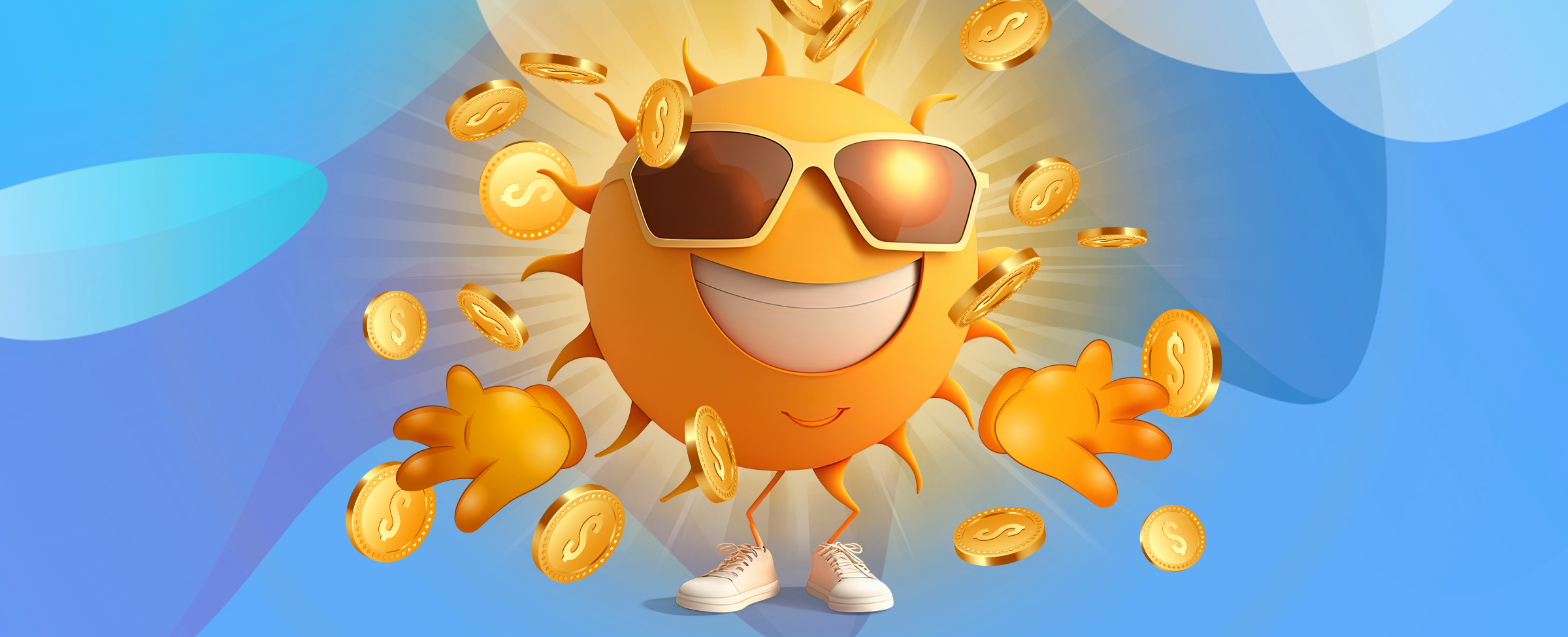 A 3D-animated sun, smiling, showing large, white teeth, wearing thick-framed sunglasses reflecting light from a distance, while gold coins fall around it.