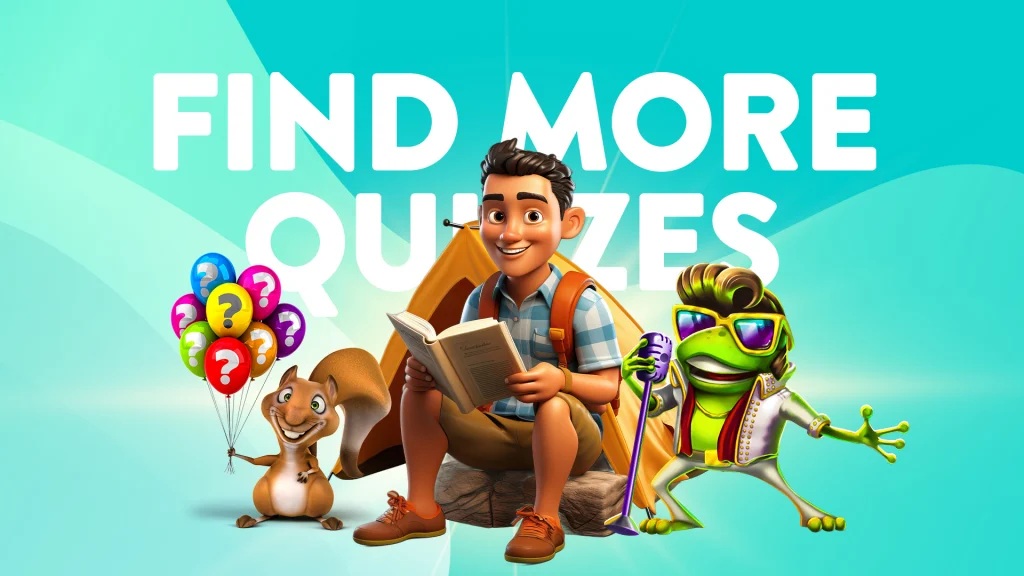 Cartoon boy reading a book, seated between a squirrel holding balloons with question marks and a frog in sunglasses and a jacket. Text reads "FIND MORE QUIZZES" on a turquoise background.