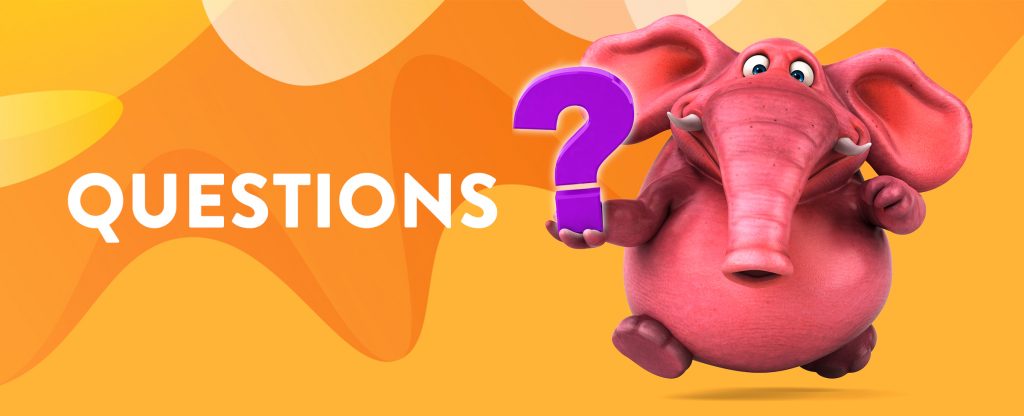 A 3D-animated pink elephant is bouncing on the right side of the image, holding up a purple question mark in one hand. To the left, is the word “questions”, set against an abstract orange background.