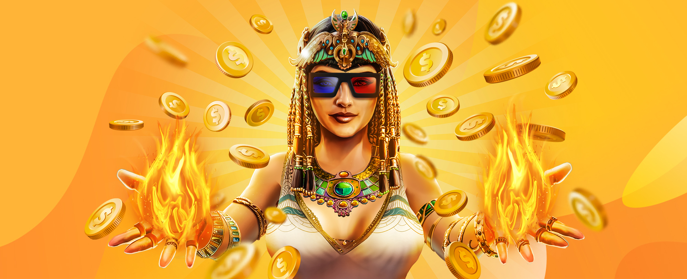 A 3D-animated Cleopatra from the SlotsLV slot game, A Night With Cleo Hot Drop Jackpots, wears an elaborate jewel headpiece and 80s-style red and blue 3D glasses, holding both hands outstretched with fireballs emanating from her palms. Surrounding her is a shower of gold coins, and behind, an abstract multi-tone yellow background.