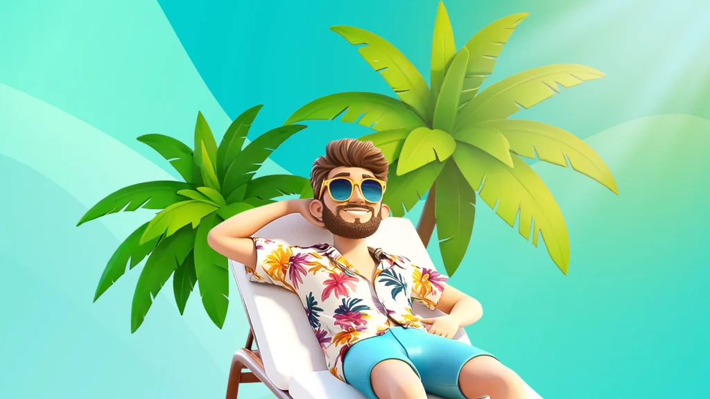 A man in a tropical shirt and sunglasses lounges comfortably on a beach chair, enjoying a sunny day at the beach.