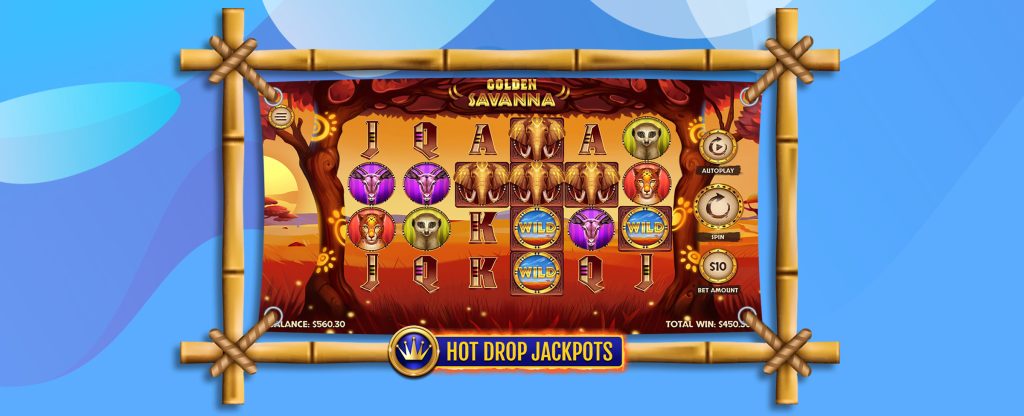 Dominating the middle of the image is a screen preview from the SlotsLV slots game, Golden Savanna Hot Drop Jackpots, which depicts the orange desert of the savanna. Inside, are various icons and symbols - features within the game itself. Along the bottom frame is the blue and gold Hot Drop Jackpots logo.