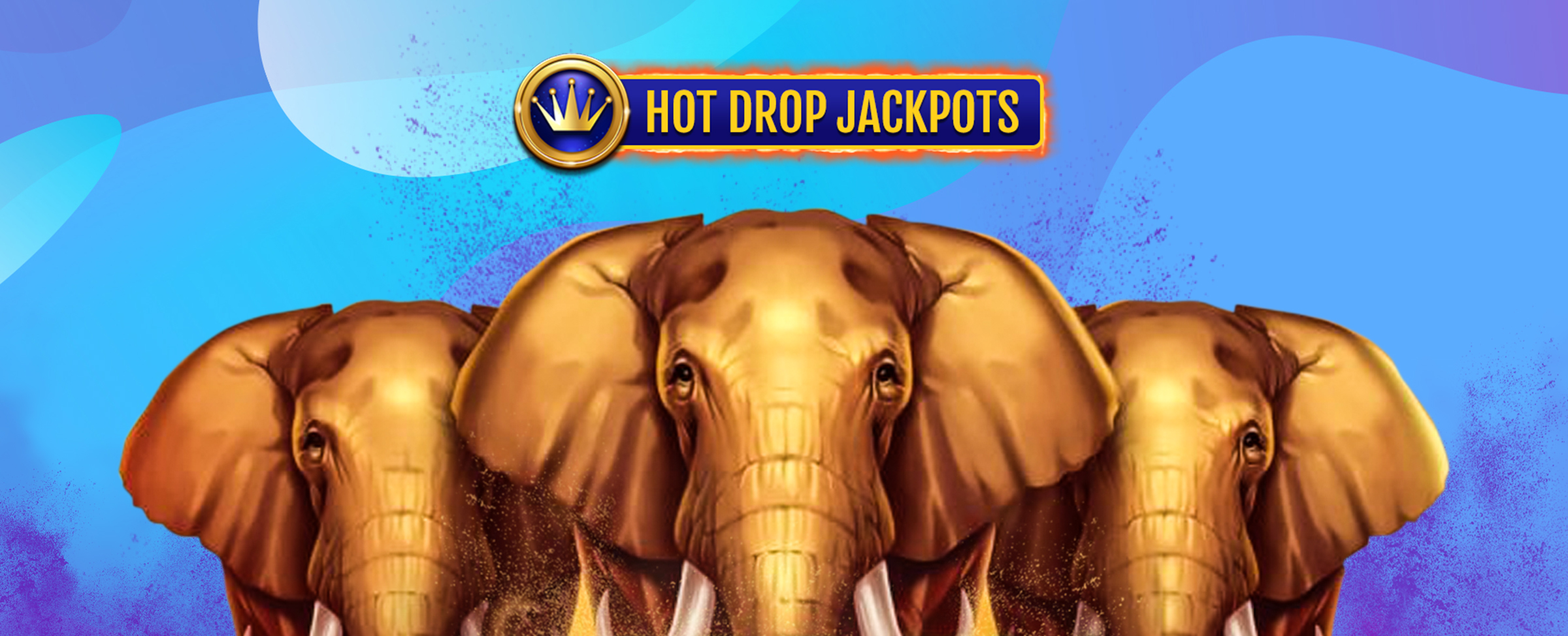 Three 3D-illustrated elephants stand close to each other, depicted from the shoulders up, staring front on. Above, is the SlotsLV Hot Drop Jackpots logo - a blue circle with a gold crown, with a rectangular frame that’s on fire with the words “Hot Drop Jackpots” within. Behind is a multi-tone blue abstract background.
