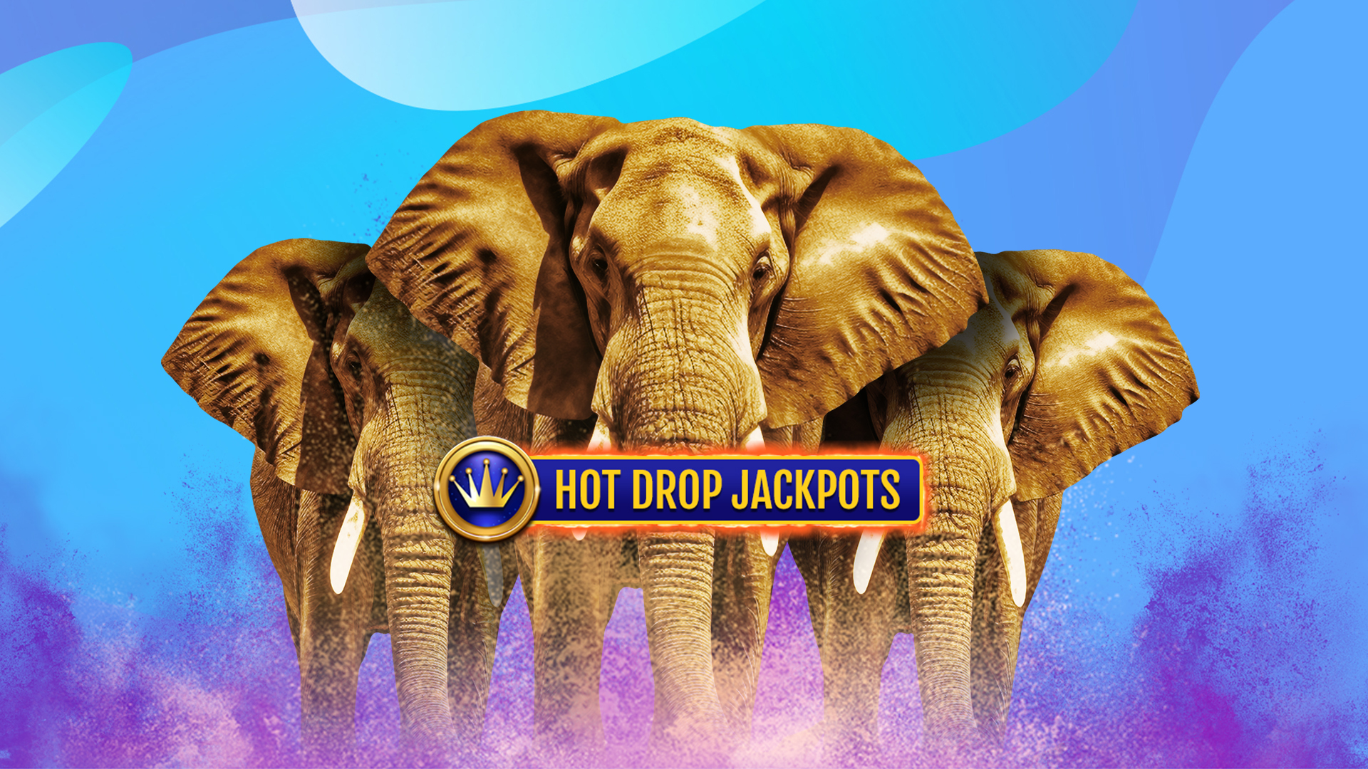 Three 3D-illustrated elephants stand close to each other, staring front on. Across them, is the SlotsLV Hot Drop Jackpots logo - a blue circle with a gold crown, with a rectangular frame that’s on fire with the words “Hot Drop Jackpots” within. Behind is a multi-tone blue abstract background.