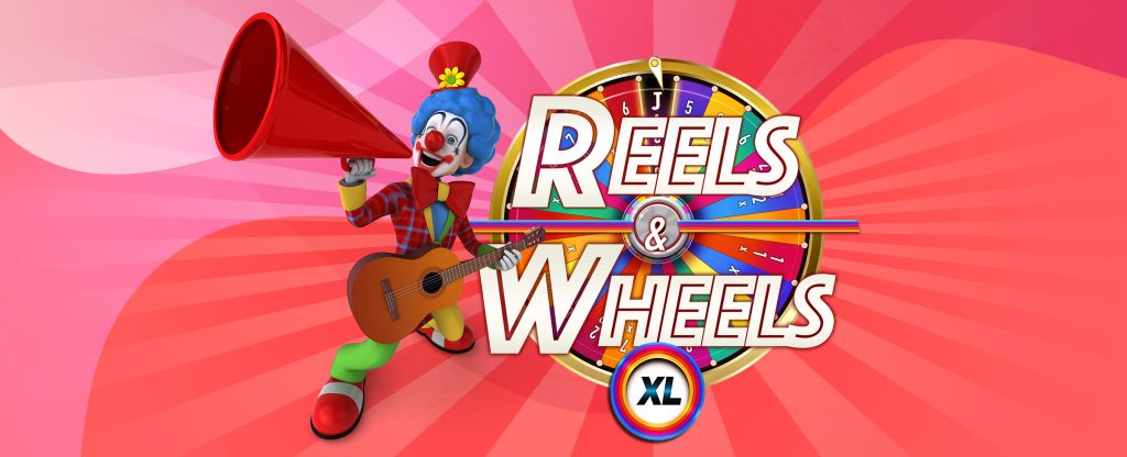 A 3D-animated clown with a blue wig, painted face, red nose and oversized red shoes is holding a guitar and speaking into a funnel, standing to the left of the SlotsLV slots game logo from Reels and Wheels XL, depicted by a spinning wheel with various winnable amounts. Behind, is a pink abstract multi-toned background.