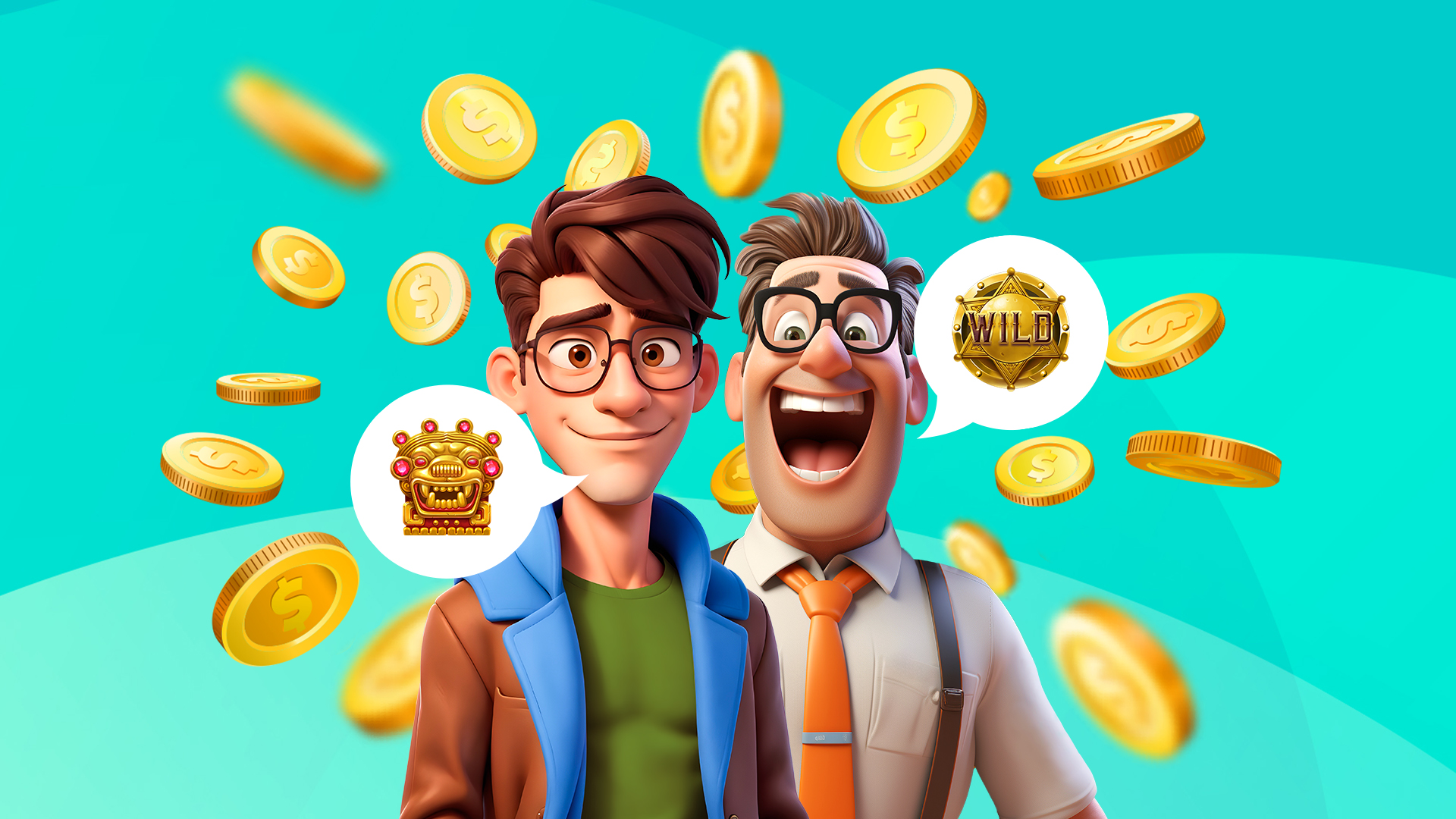 Two 3D cartoon males - one younger and one older - with gold coins around them.