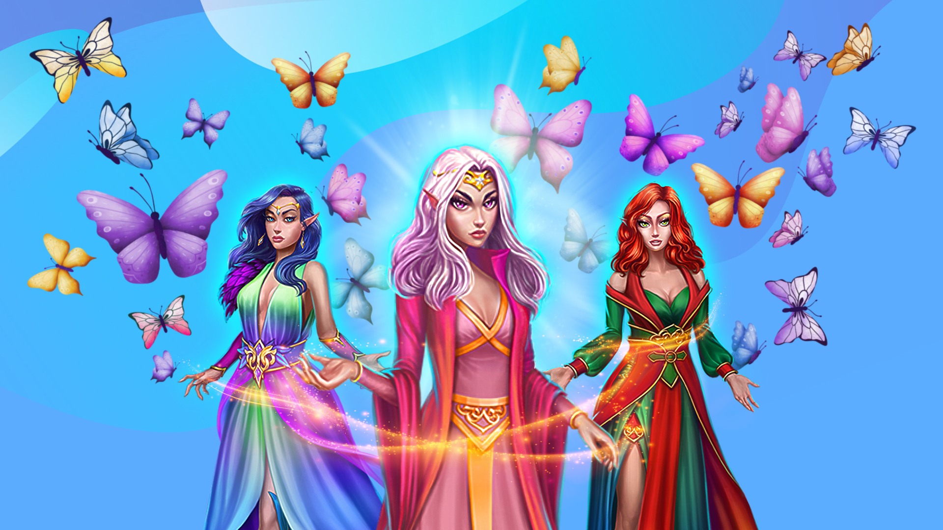 Three 3D-animated fairies from the SlotsLV slots game, Fairy Wins, are dancing in flowing bright dresses. Circling around them are wisps of magic and butterflies as they hold their hands outstretched.