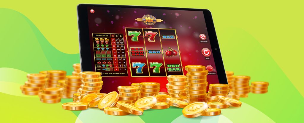 An open laptop is seen in the middle of the image, showing a screenshot taken from the SlotsLV slot game, Ten Times Wins. Surrounding the laptop are stacks of animated gold coins, and behind, is a lime-green abstract background