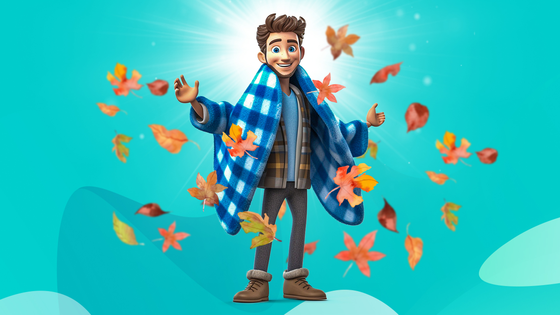 Cartoon man standing with a blue blanket surrounded by fall leaves, set against a teal background.