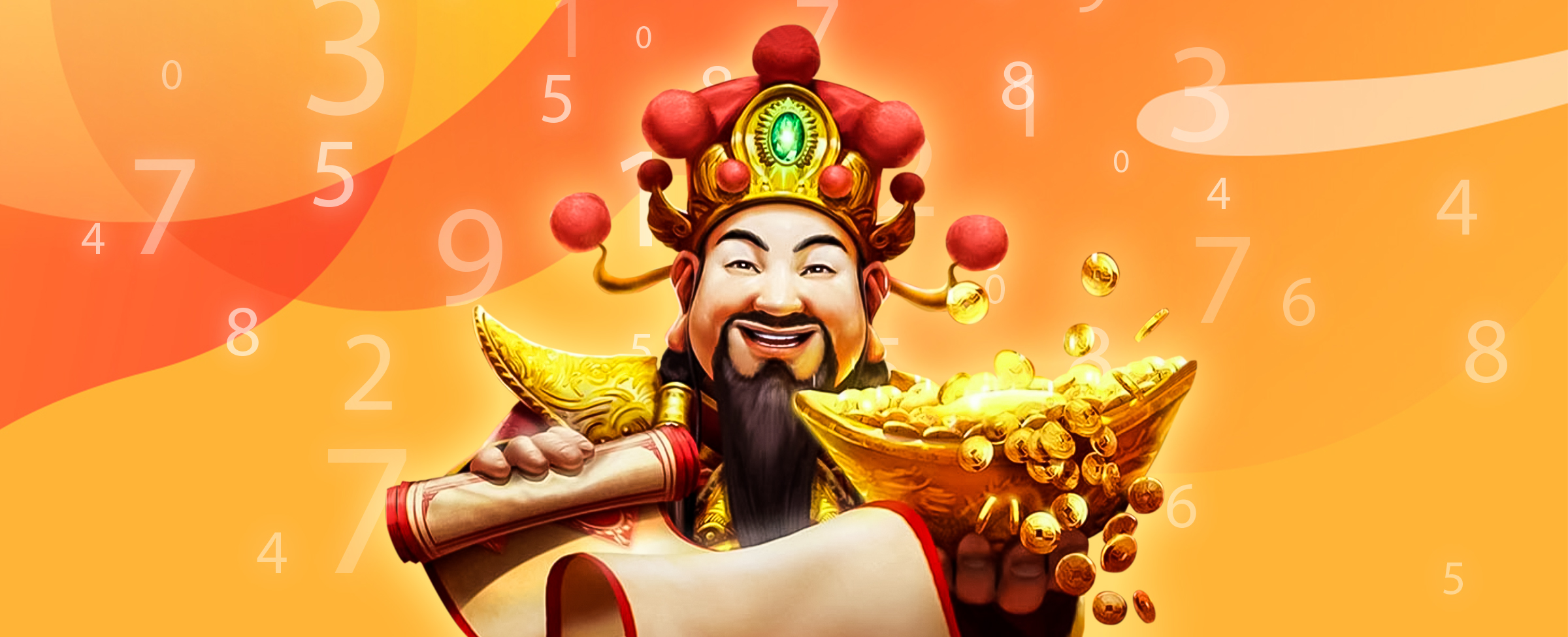 An animated cartoon Caishen appears from the waist up, wearing a robe with large textured golden shoulder pads, and a red head piece with a gold and green emblem. In one hand he holds a gold pot with gold coins, while in the other, an unrolled scroll with red edges. Surrounding him are numbers of various sizes, and behind, an orange multi-toned abstract background.