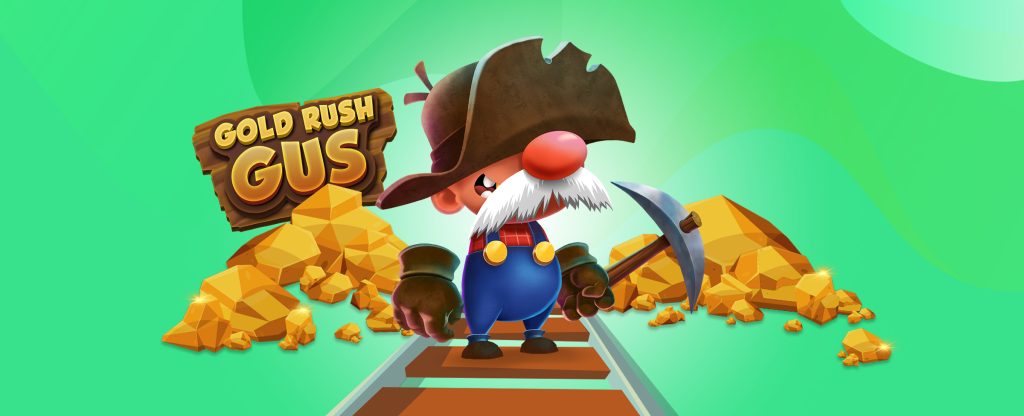 In the middle of this image, we see the central 3D-animated character and logo from the SlotsLV slots game, Gold Rush Gus. Gus stands in the middle of a rail track; he has a large mustache and red nose, and wears an oversized thick prospecting hat, holding a pickaxe in his hand. Behind him are two large mounds of gold, with a wooden sign behind one that reads Gold Rush Gus.