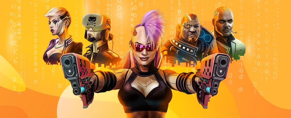 Five 3D-animated characters from the SlotsLV slots game, Cyberpunk City, feature in this image. A female wearing purple shades, black top and arm bands with dyed pink hair, has her arms outstretched, clutching futuristic guns in each hand. On either side are sidekick cyborg characters from the game.