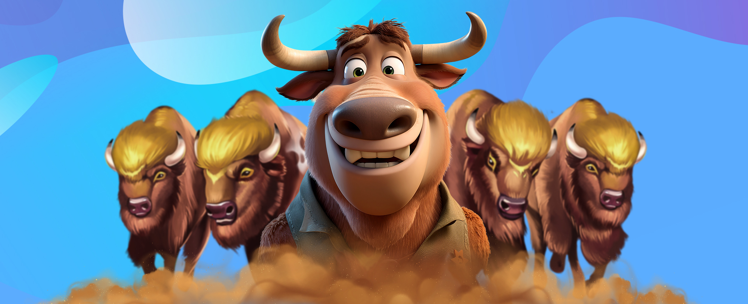 Pictured are four 3D-animated buffalo characters from the SlotsLV slots game, Golden Buffalo, rushing towards the screen, flanking a cartoon buffalo in the middle of the image. Beneath the buffalos is dust, while behind, we see a multi-toned blue abstract background.