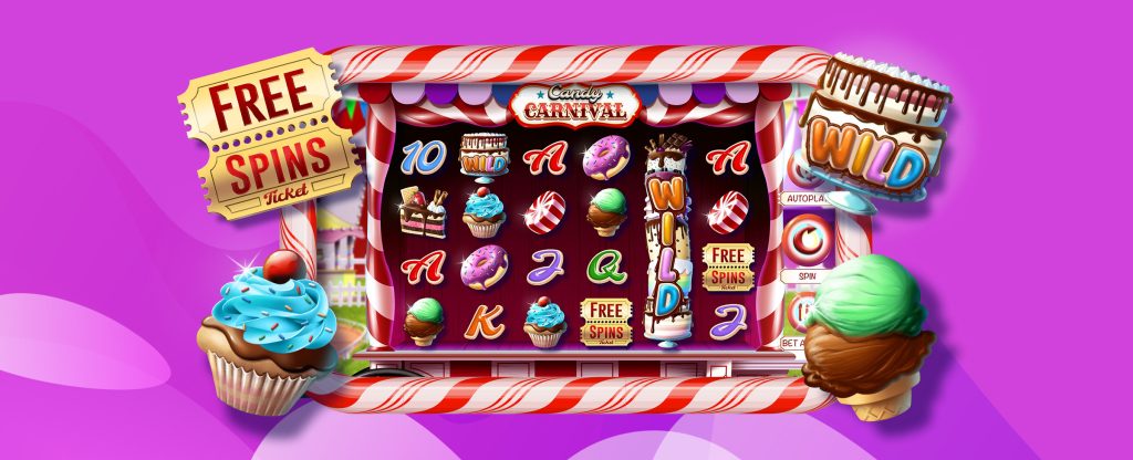 The game play screen from the SlotsLV slots game Candy Carnival, featuring the main slot reel with symbols. A golden 'free spins ticket' is overlaid on the top left, and a 'wild' layer cake on the right in colorful, bubble letters. The bottom corners feature a cherry-topped, blue frosting chocolate cupcake on the left and a chocolate-mint ice cream cone on the right, set against a multi-toned purple abstract backdrop.