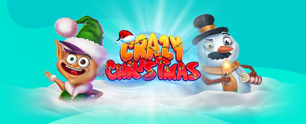 Two 3D-animated characters from the SlotsLV slots game, Crazy Christmas – an elf with crazy eyes on the left, wearing a green hat with purple hair, and a snowman on the right, wearing a black top hat, with a mustache, carrot nose, and a brown scarf. Both characters are sitting in the snow, flanking the game’s logo - the words “Crazy Christmas”. Behind, is a multi-toned teal abstract background.