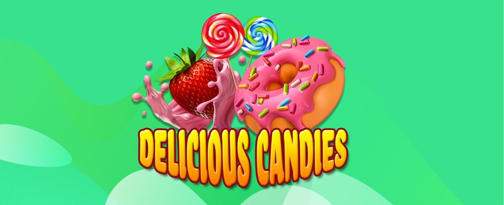 In this image we see the main logo from the SlotsLV slots game ‘Delicious Candies’, featuring a large donut with pink frosting and sprinkles, a strawberry splashing into pink liquid, and two swirly candies behind them in pink and blue-green. In front we see the words ‘Delicious Candies’ in fun, yellow lettering, while behind is a multi-toned green abstract background.