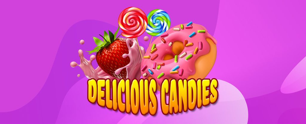 The main graphics from the SlotsLV slots game, Delicious Candies, featuring a yellow bubbly logo of the same name overlaid on a large donut with pink frosting and sprinkles, with a large strawberry splashing into pink liquid. Behind are two swirly lollipops, set against a multi-toned purple abstract background.