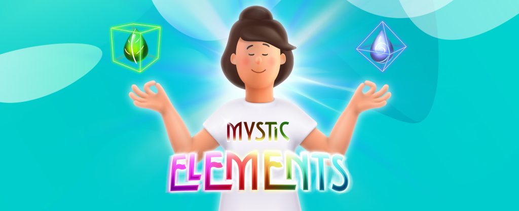 A 3D-animated person wearing a white t-shirt, holding their hands in a yoga pose, with their eyes shut and a zen expression. Above each hand are 3D-animated green and purple neon symbols of earth and wind from the SlotsLV slots game, Mystic Elements.